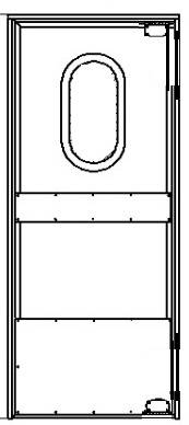 Маятниковая дверь одностворчатая МДО(ОН)-900.2100 рама внутри проема,овальное окно,отбойники Маятниковая дверь одностворчатая МДО(ОН)-900.2100 рама внутри проема,овальное окно,отбойники