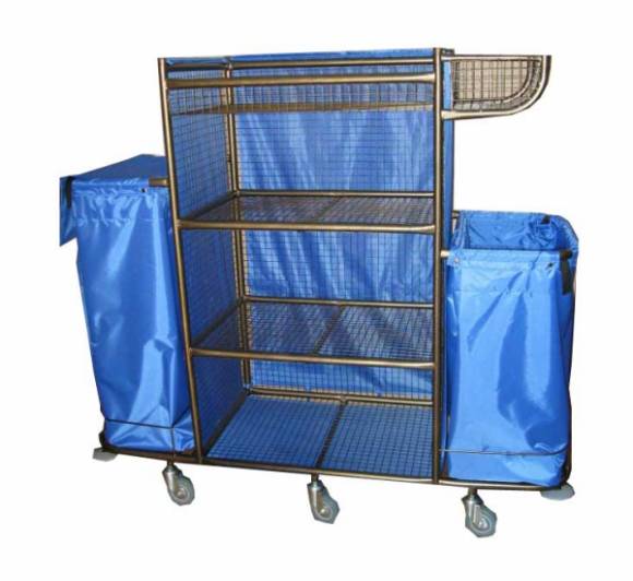 Тележка для горничных ТГ6.1 ОЛДАК удлиненная, 4 сетчатые полки со шторками, корзина, 2 мешка 110/75л