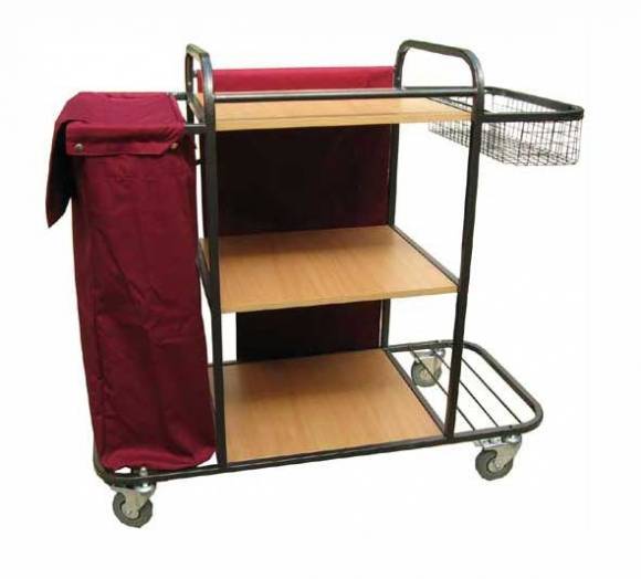 Тележка для горничных ТГ7 ОЛДАК 3 полки МДФ со шторкой, сетчатая корзина, подставка, мешок 110л