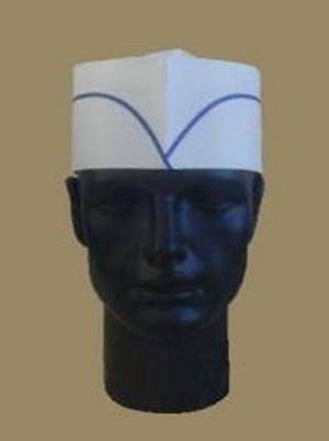 Пилотка поварская одноразовая h=85мм АВ-034 бумажная белая с синей полосой /50/