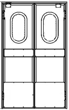 Маятниковая дверь двухстворчатая МДД(ОН)-1400.2300-40 (RAL шагрень) рама в обхват, окна, отбойники Маятниковая дверь двухстворчатая МДД(ОН)-1400.2300-40 (RAL шагрень) рама в обхват, окна, отбойники