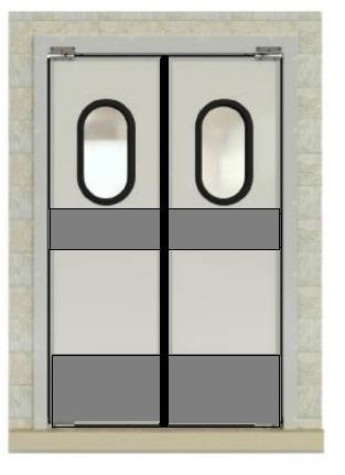 Маятниковая дверь двухстворчатая МДД(ОН)-1600.2300-40 рама в обхват, окна, отбойники